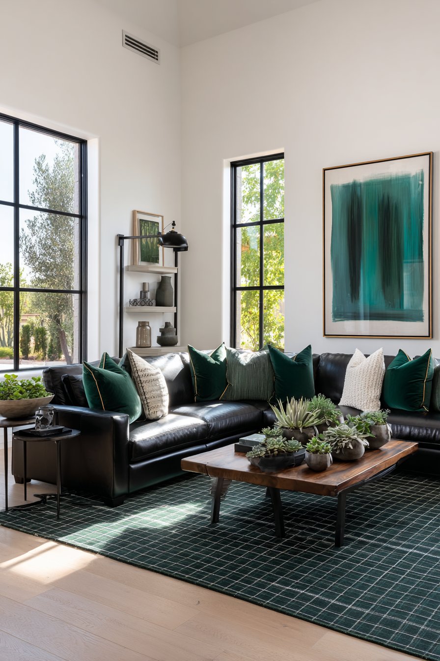 Low-Profile Black Leather Sectional with Hunter Green Accents