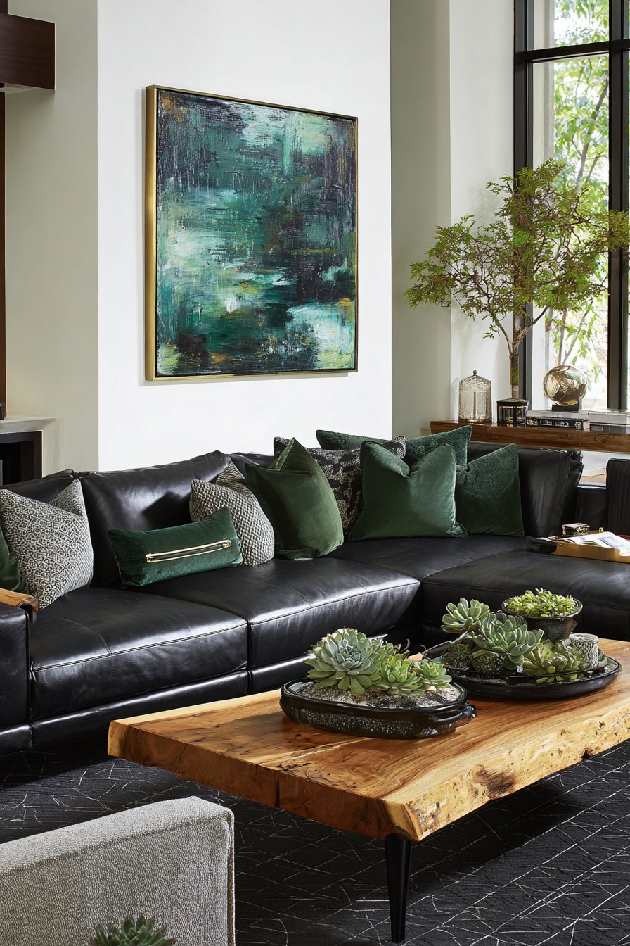 Low-Profile Black Leather Sectional with Hunter Green Accents