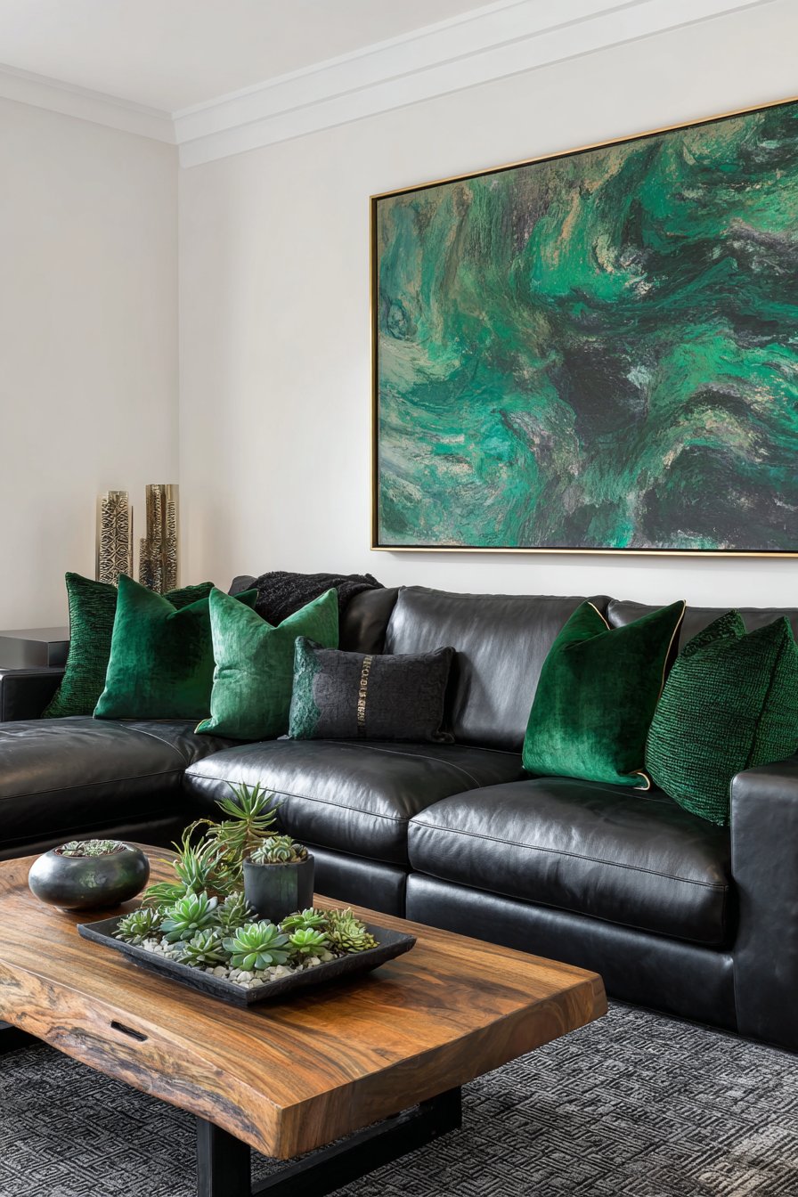 Low-Profile Black Leather Sectional with Hunter Green Accents
