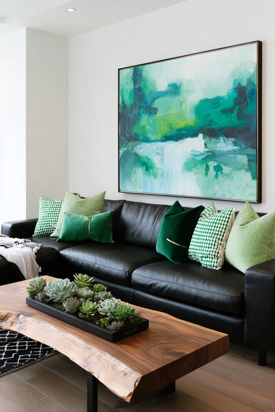 Low-Profile Black Leather Sectional with Hunter Green Accents