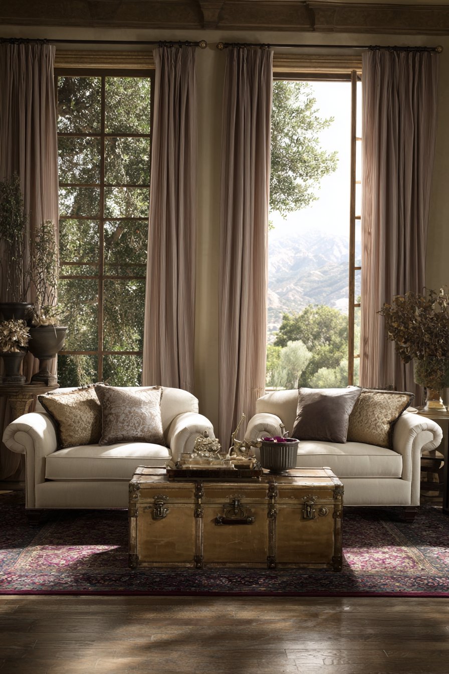 Camelback Sofas in Ivory Herringbone