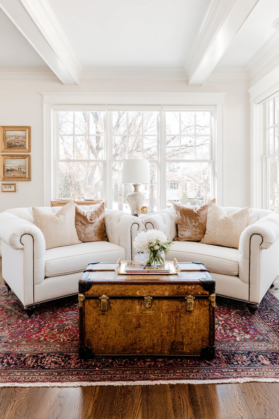 Camelback Sofas in Ivory Herringbone