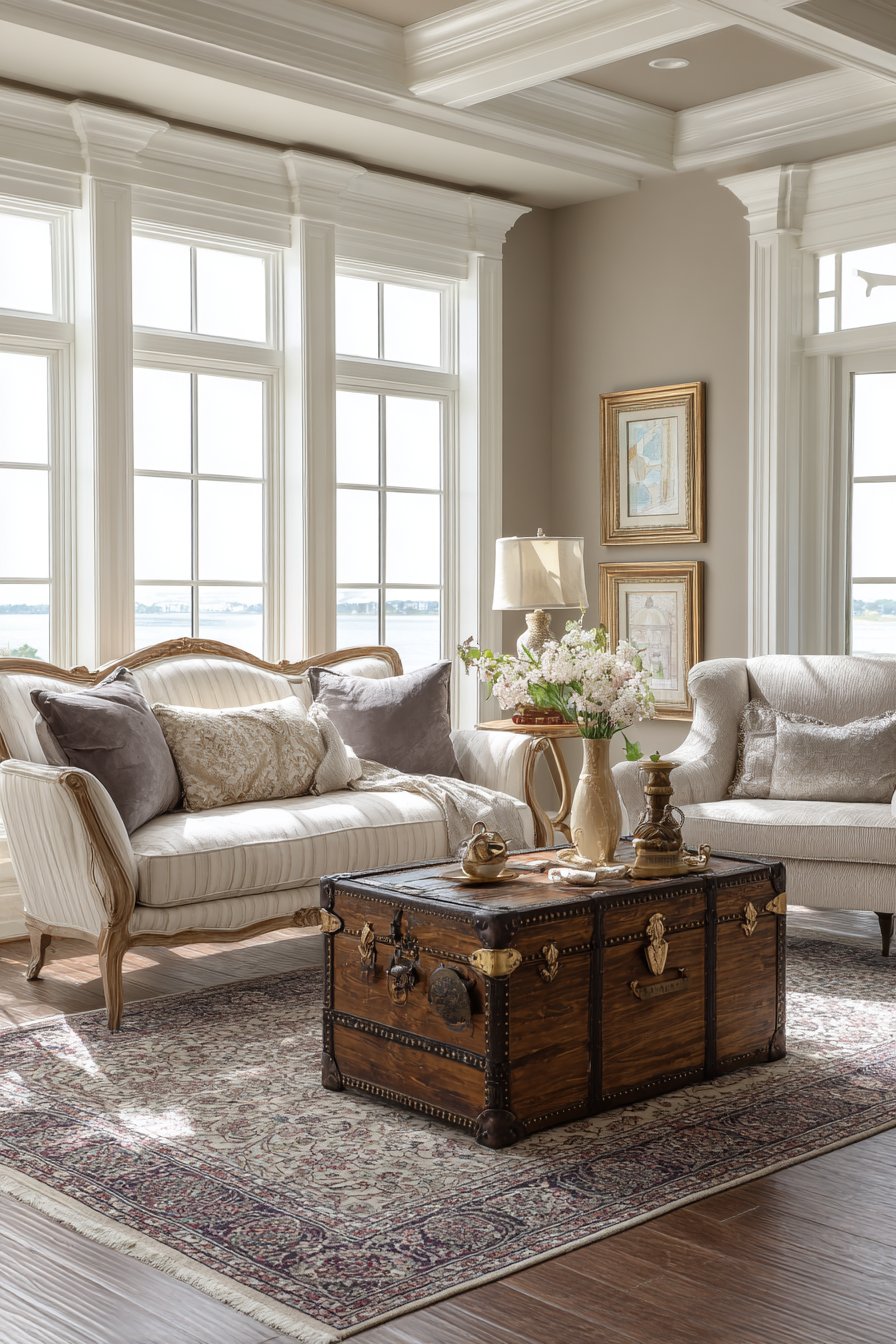 Camelback Sofas in Ivory Herringbone