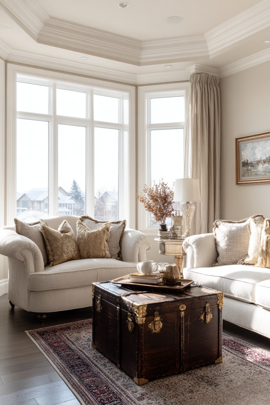 Camelback Sofas in Ivory Herringbone