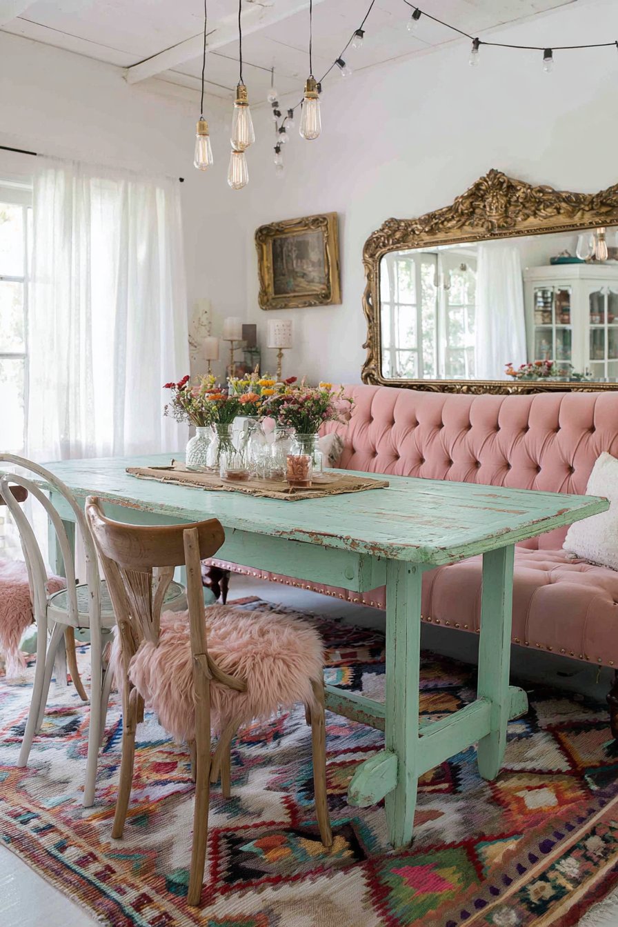 Distressed Mint Farmhouse with Velvet Accents