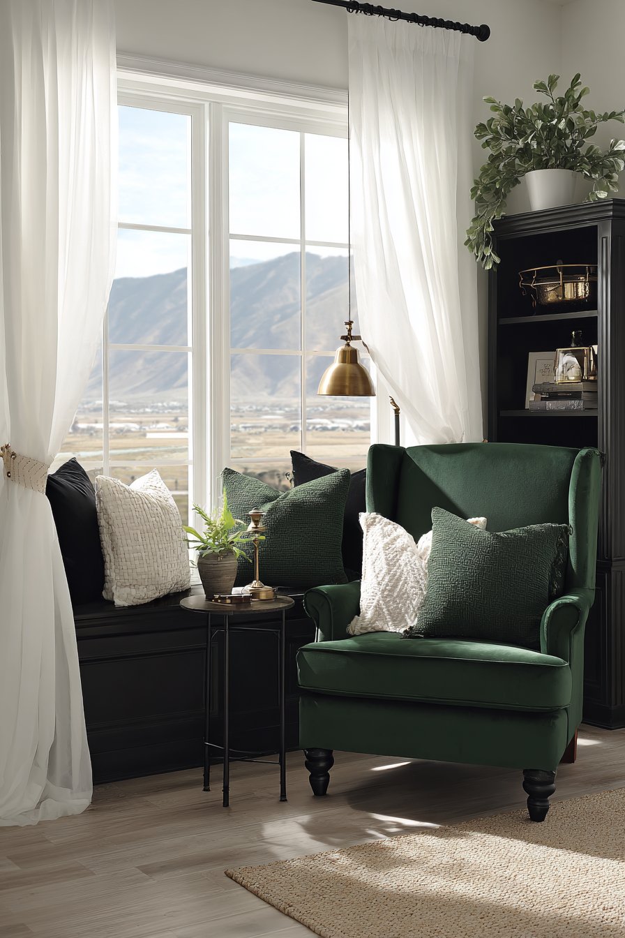 Bottle Green Velvet Reading Nook with Black Accents