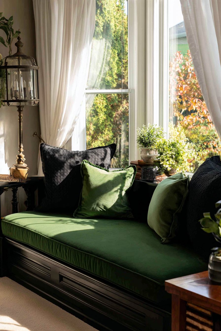 Bottle Green Velvet Reading Nook with Black Accents