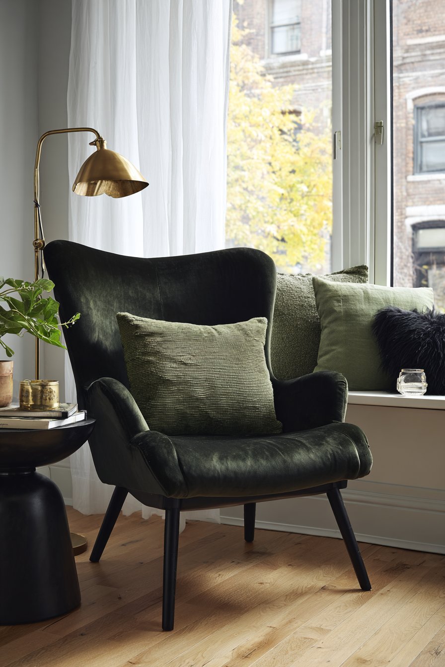 Bottle Green Velvet Reading Nook with Black Accents