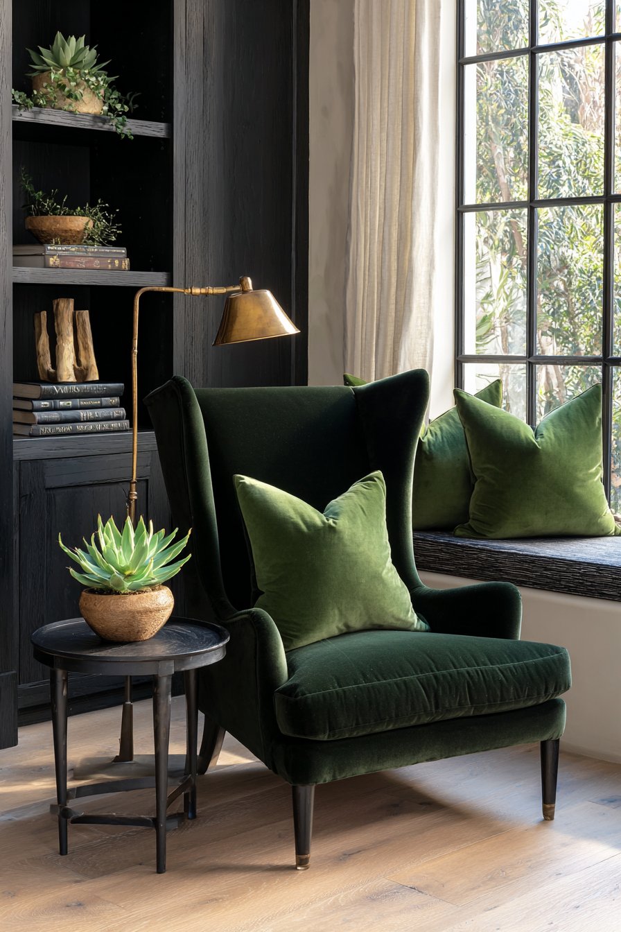 Bottle Green Velvet Reading Nook with Black Accents