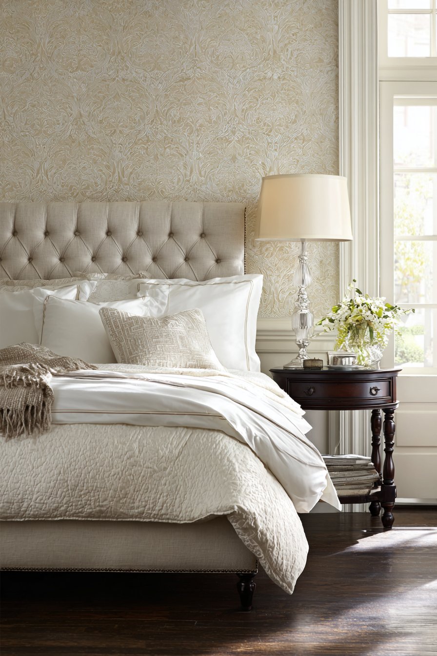 Tufted Linen Headboard with Monogrammed Bedding