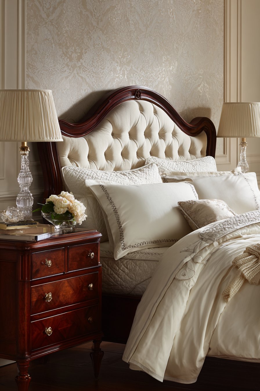 Tufted Linen Headboard with Monogrammed Bedding