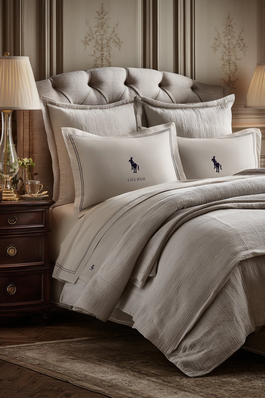 Tufted Linen Headboard with Monogrammed Bedding