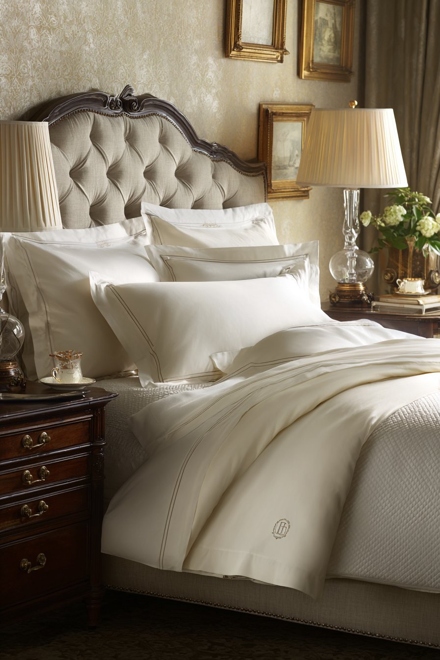 Tufted Linen Headboard with Monogrammed Bedding