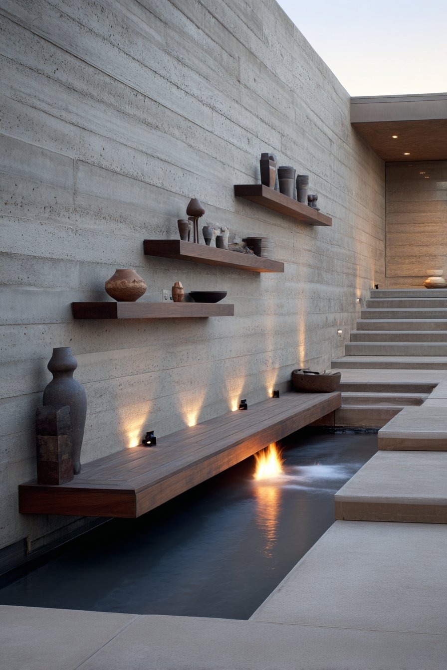 Contemporary Concrete-Look Porcelain with Floating Shelves