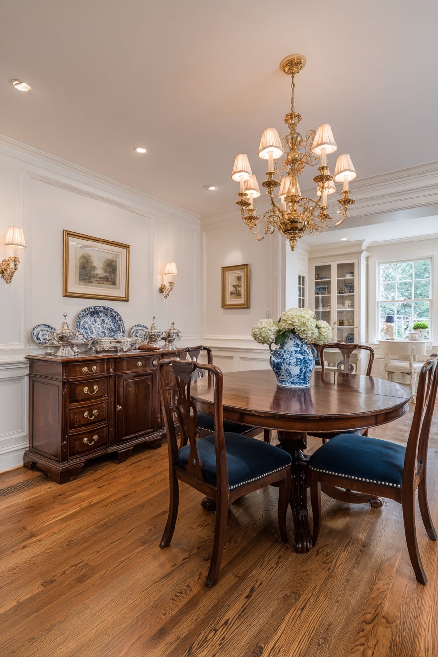 Round Walnut Pedestal with Navy Accents
