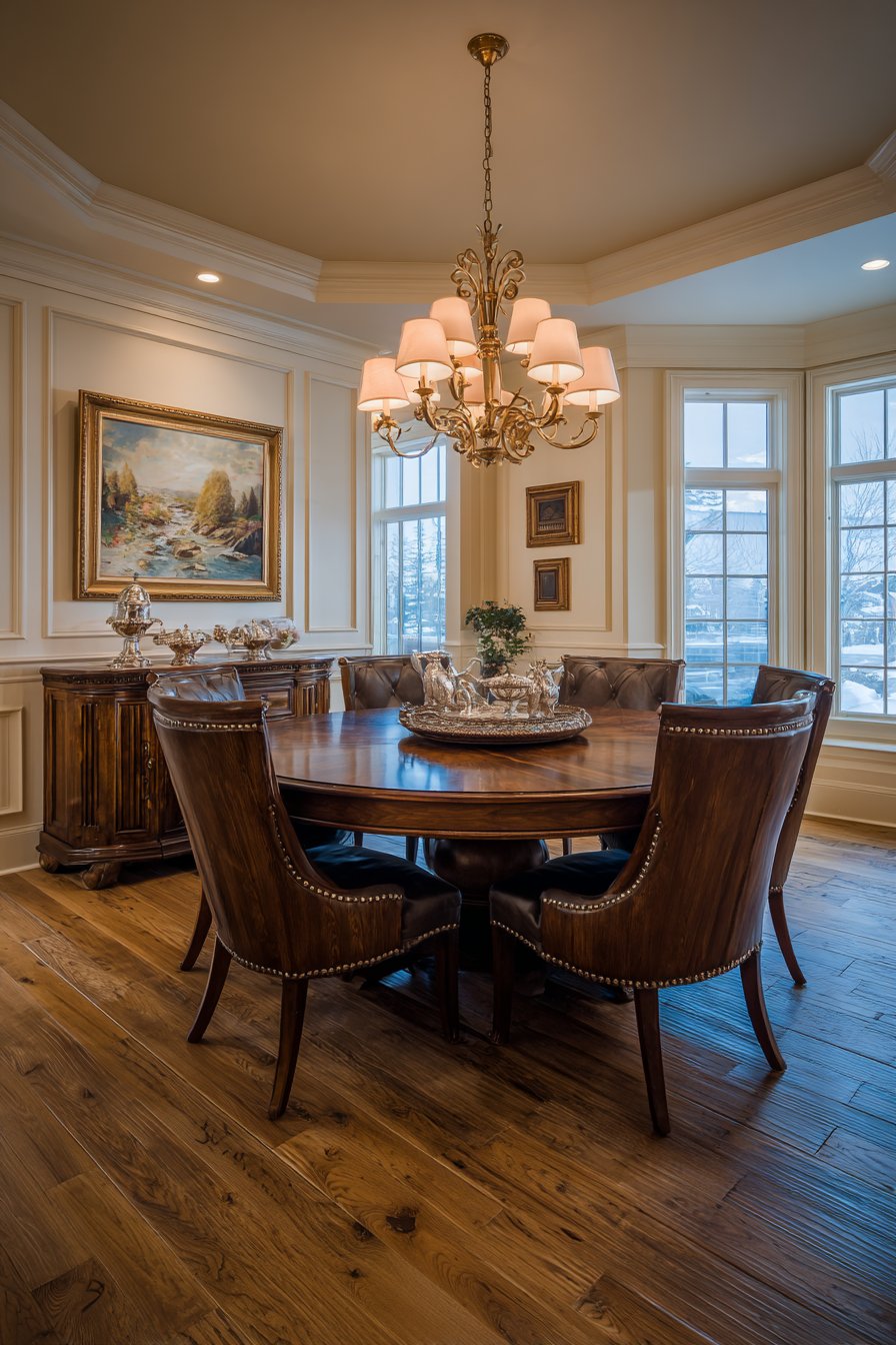 Round Walnut Pedestal with Navy Accents