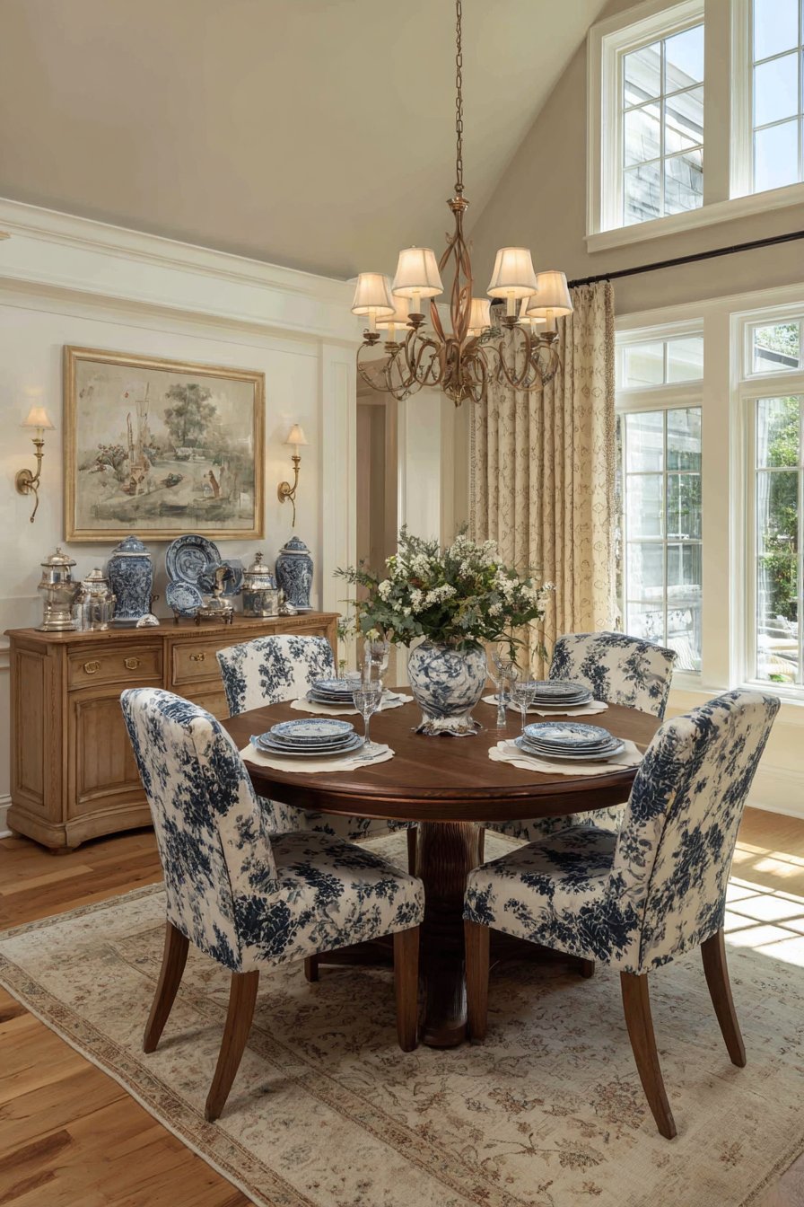 Round Walnut Pedestal with Navy Accents