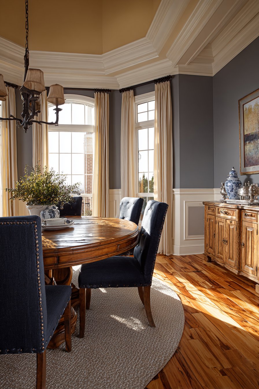 Round Walnut Pedestal with Navy Accents