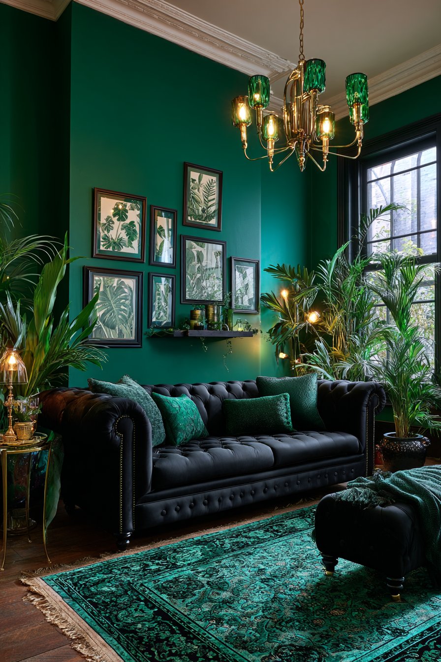 Maximalist Emerald Walls with Black Velvet Chesterfield