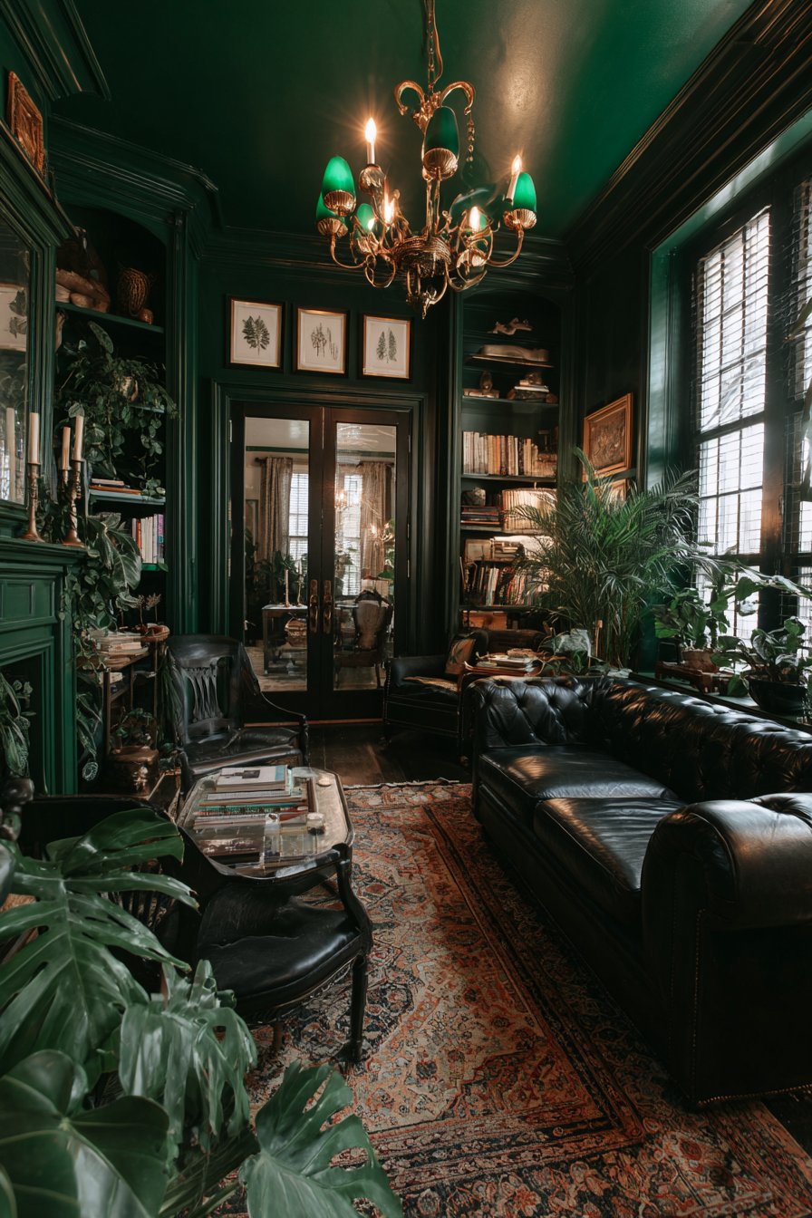 Maximalist Emerald Walls with Black Velvet Chesterfield