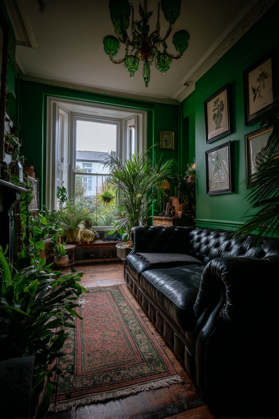 Maximalist Emerald Walls with Black Velvet Chesterfield