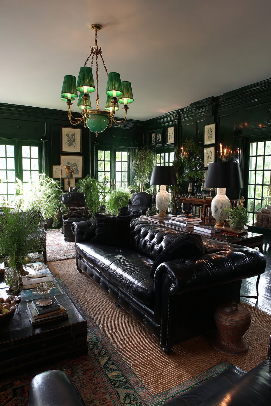 Maximalist Emerald Walls with Black Velvet Chesterfield