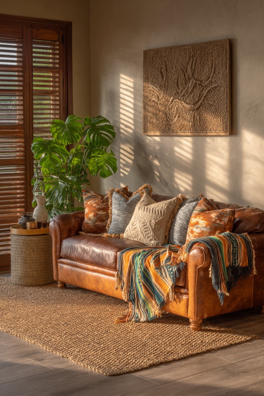 Distressed Leather Sofa with Global Textiles