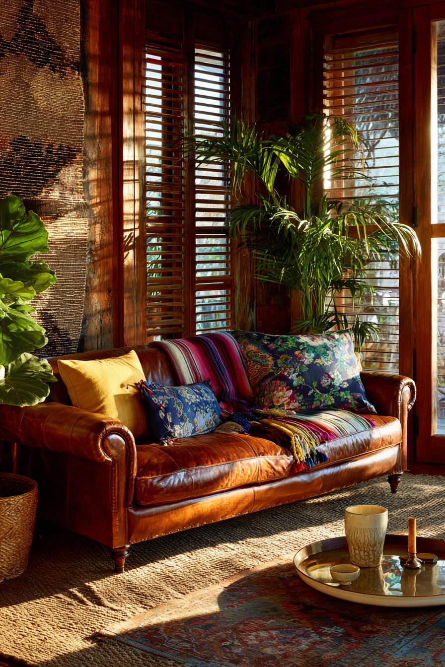Distressed Leather Sofa with Global Textiles