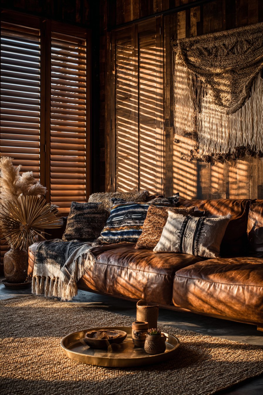 Distressed Leather Sofa with Global Textiles