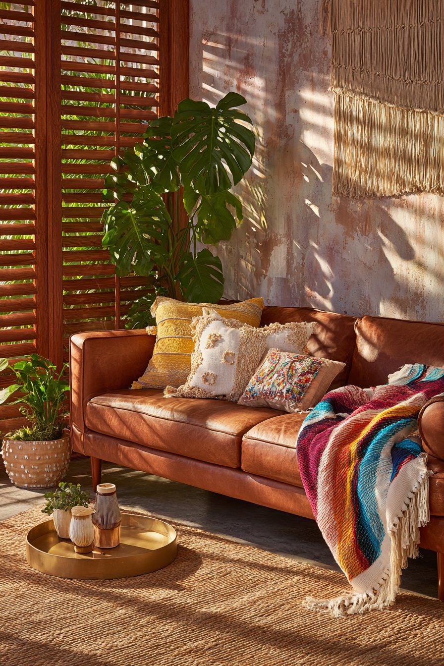 Distressed Leather Sofa with Global Textiles