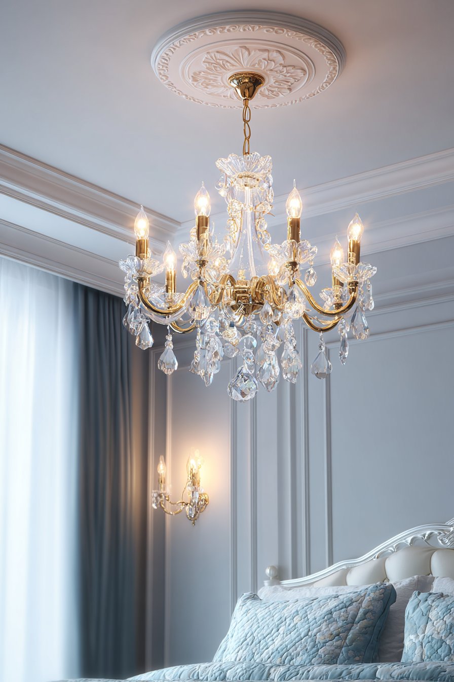 Ornate Ceiling Medallion with Crystal Chandelier