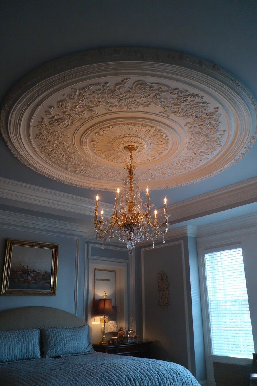 Ornate Ceiling Medallion with Crystal Chandelier