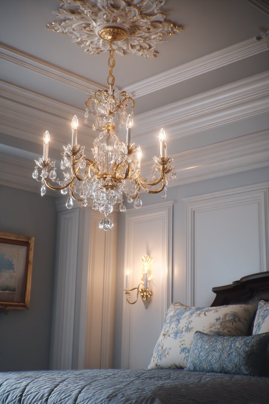Ornate Ceiling Medallion with Crystal Chandelier