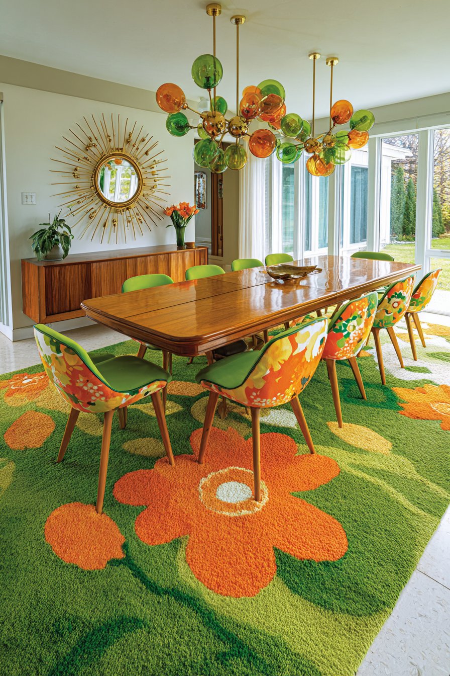 Mid-Century Teak with Bold Graphic Print Tulip Chairs
