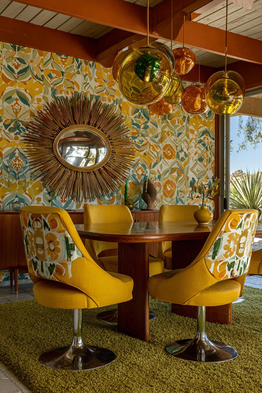Mid-Century Teak with Bold Graphic Print Tulip Chairs