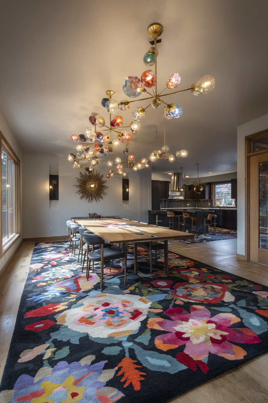 Mid-Century Teak with Bold Graphic Print Tulip Chairs