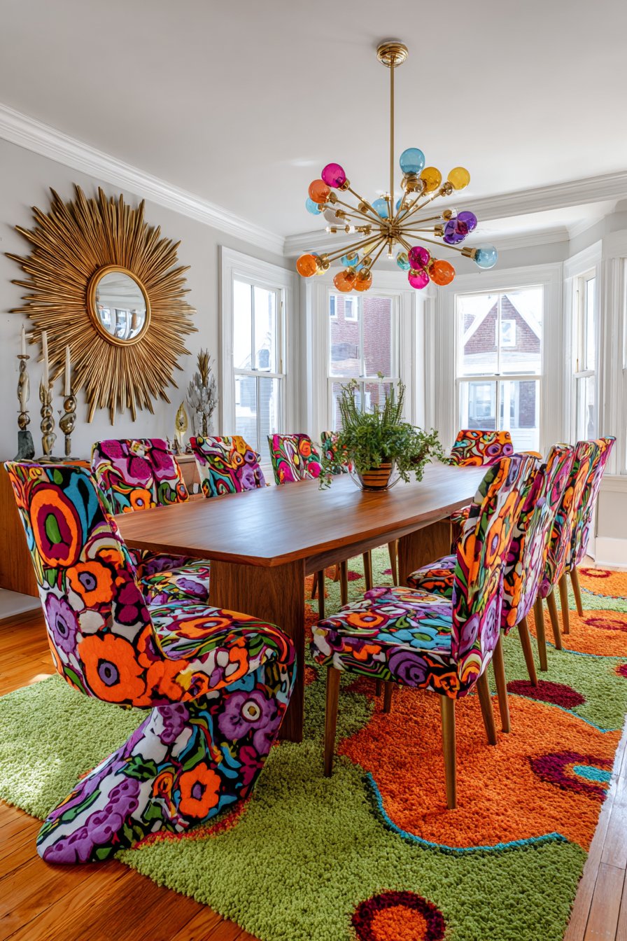 Mid-Century Teak with Bold Graphic Print Tulip Chairs