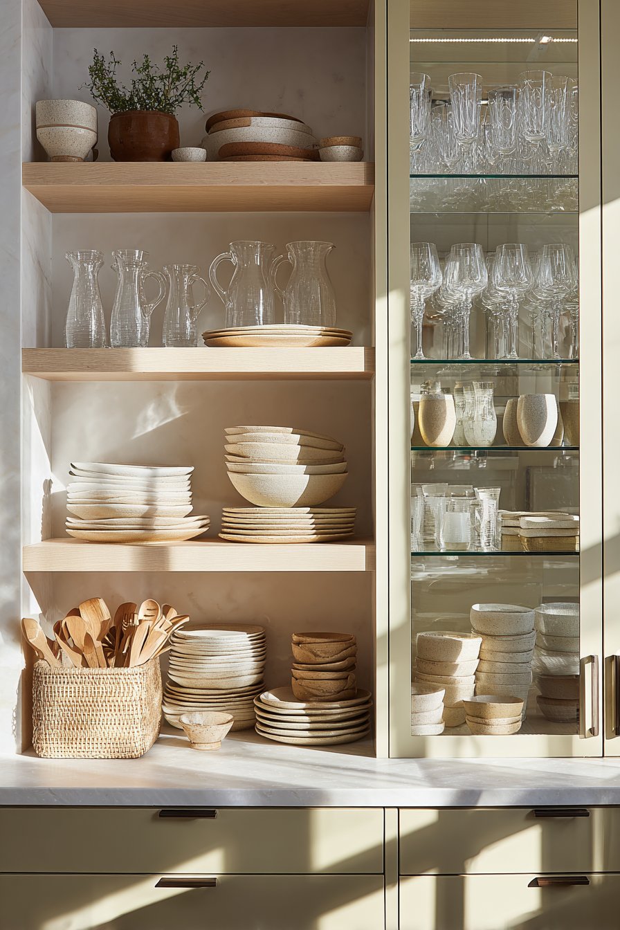 Open Shelving and Glass-Front Cabinets