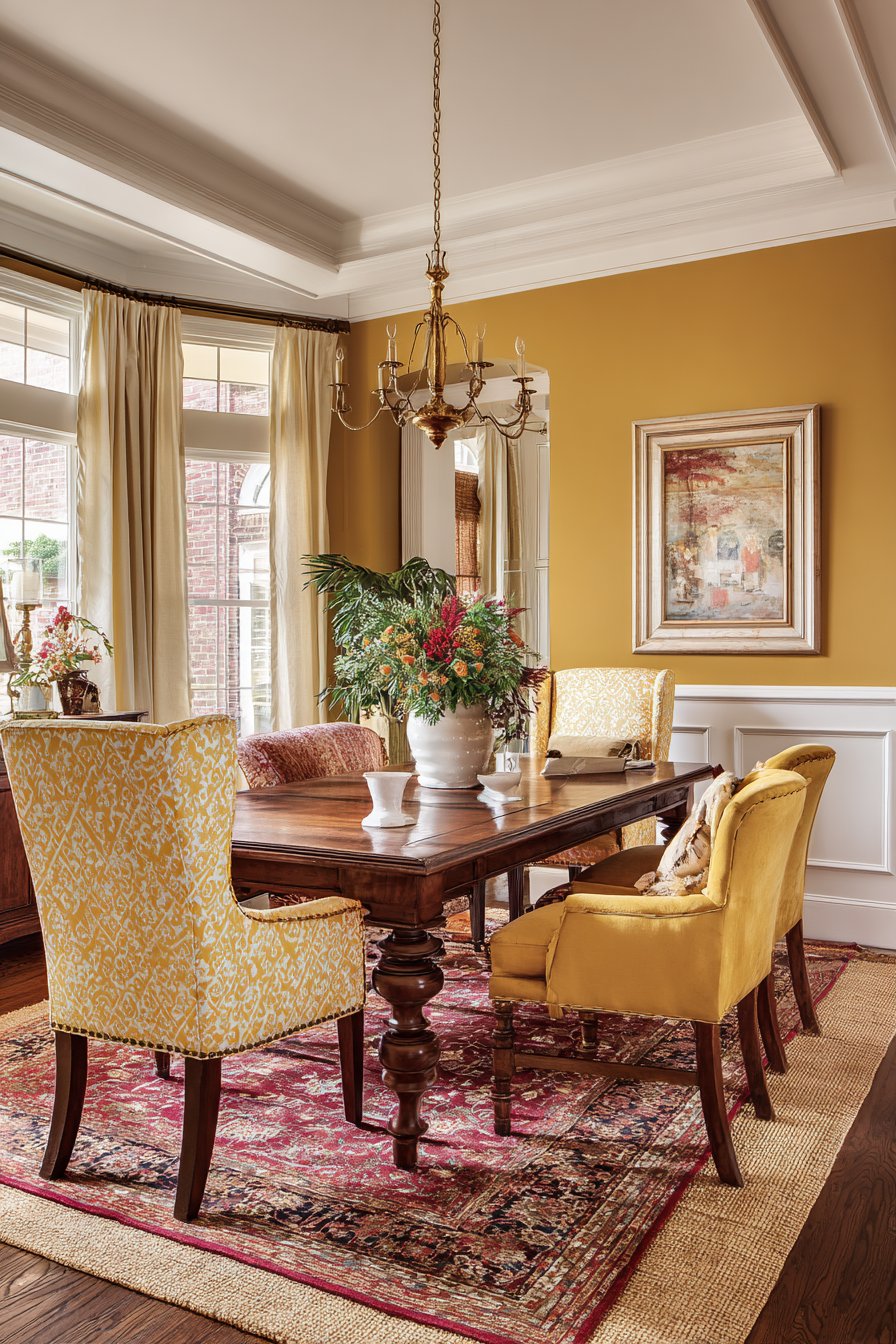 Traditional Cherry Wood Formality with Mustard Accents