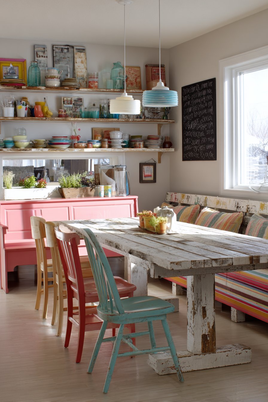 Reclaimed Wood with Coral and Striped Textiles