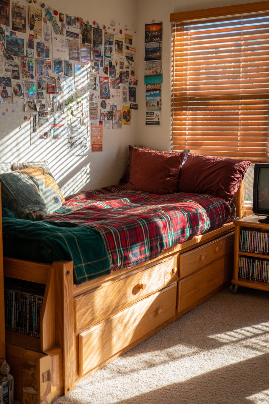 Captain's Bed Storage Solution with Plaid Comfort