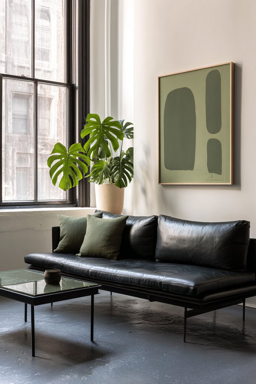 Minimalist Black Leather Against White with Single Monstera