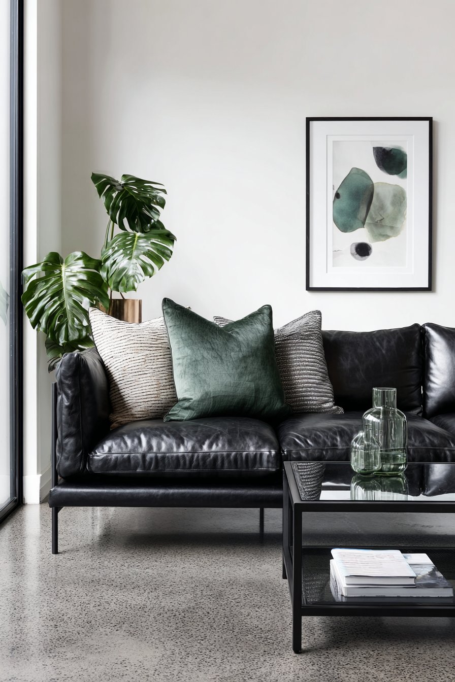 Minimalist Black Leather Against White with Single Monstera
