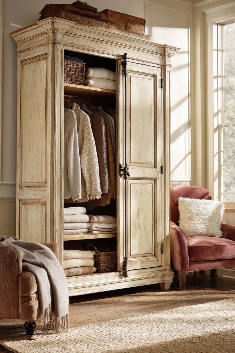 French Provincial Armoire with Distressed Finish