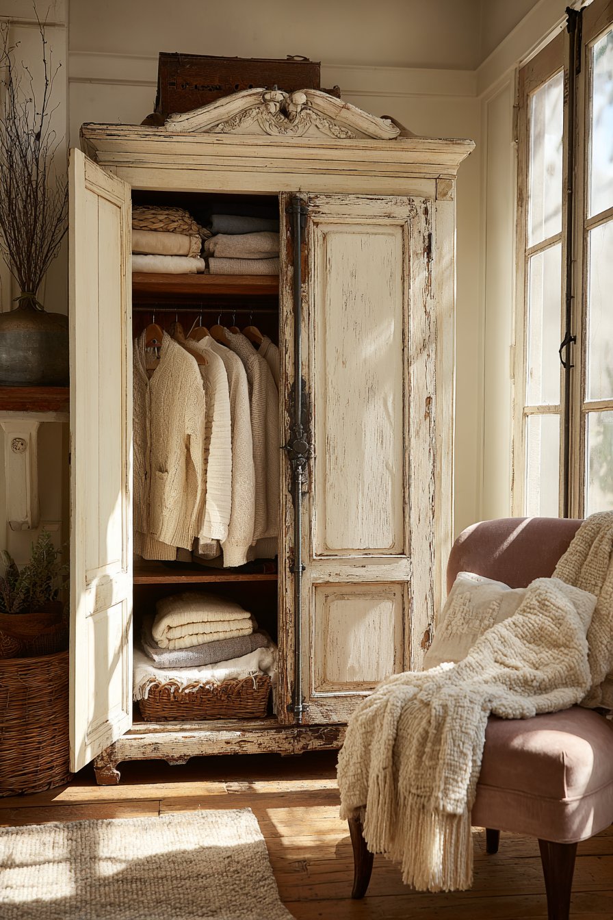 French Provincial Armoire with Distressed Finish