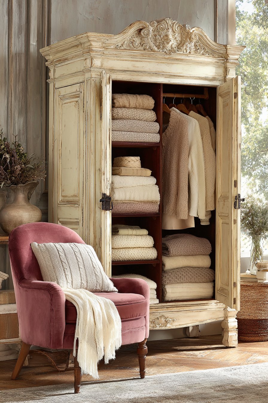 French Provincial Armoire with Distressed Finish