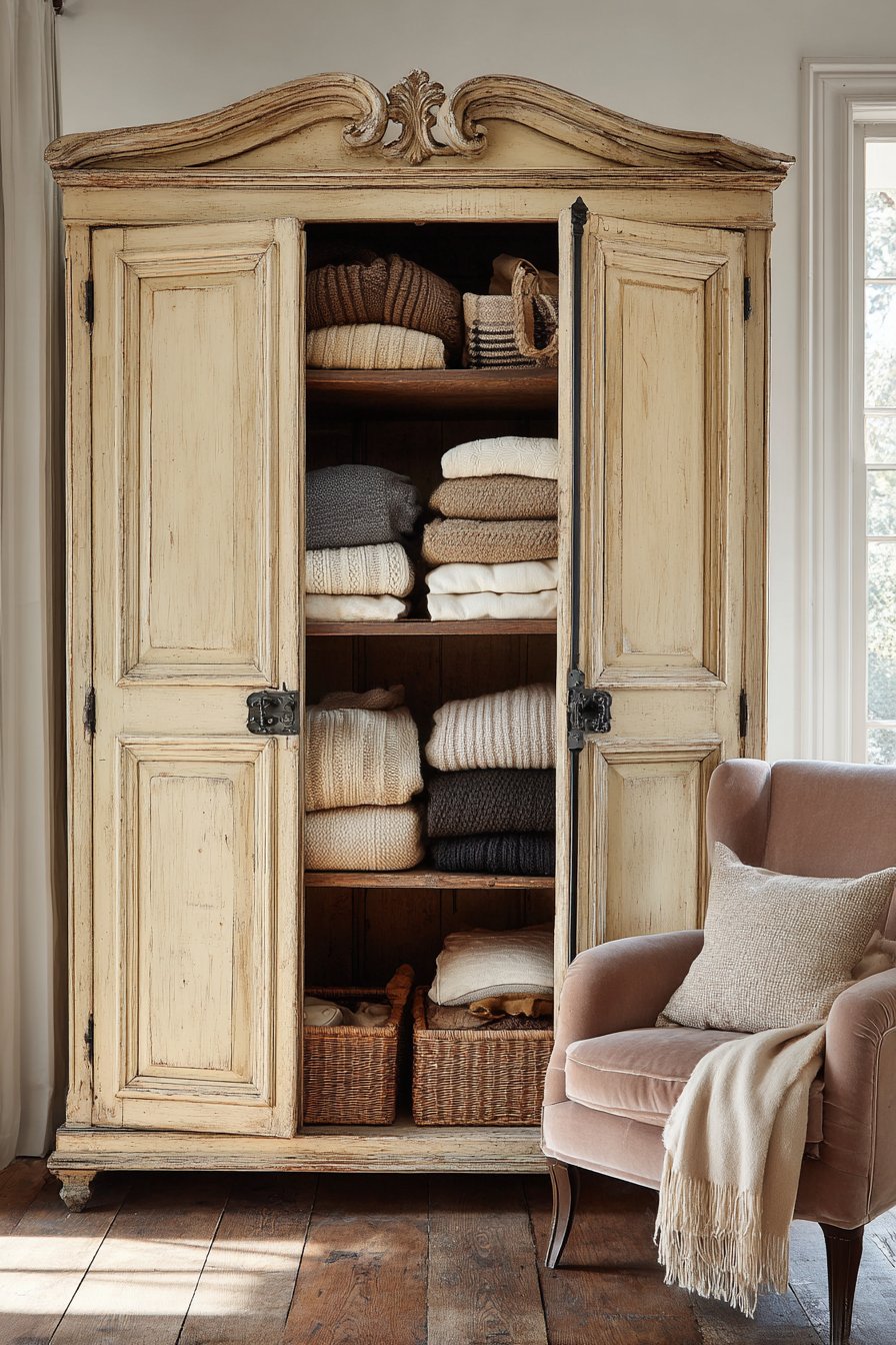 French Provincial Armoire with Distressed Finish