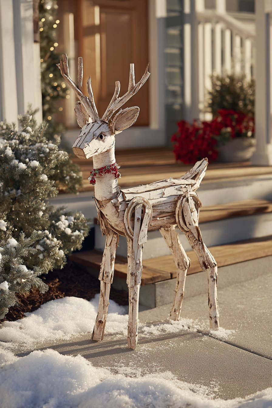 Handcrafted Birch Log Reindeer with Solar Lighting