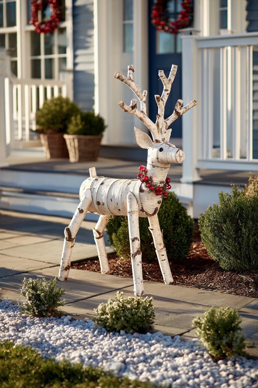 Handcrafted Birch Log Reindeer with Solar Lighting