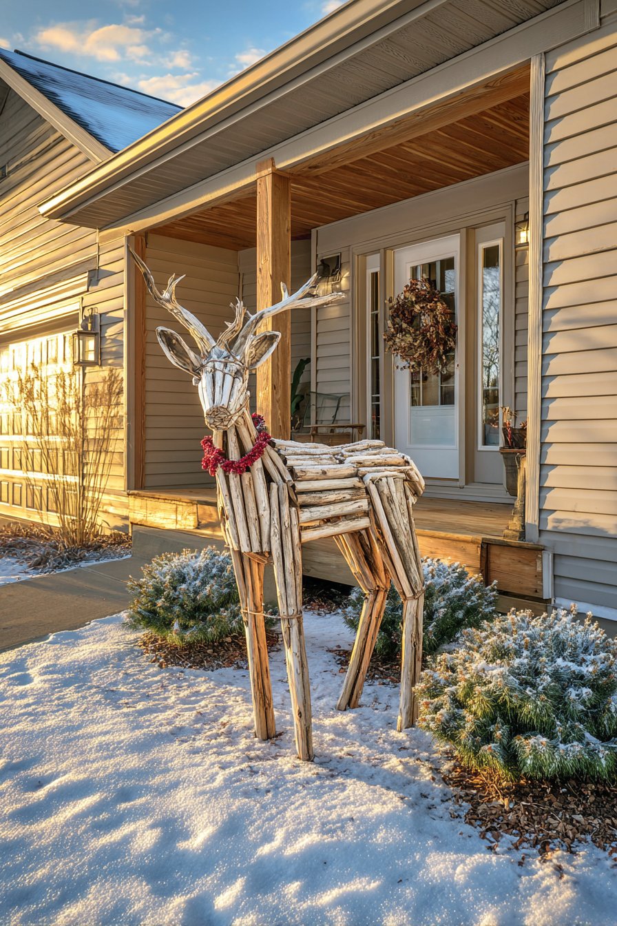 Handcrafted Birch Log Reindeer with Solar Lighting
